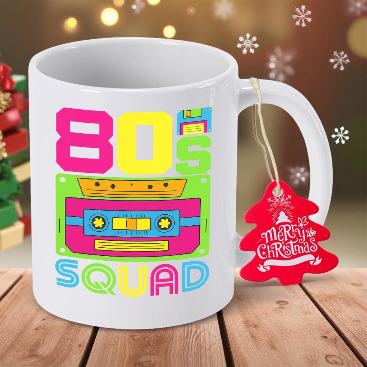 Tailorly White Ceramic 11 oz Mug - 80s Squad Neon Colored Retro Cassette Tape With Vintage Digital Floppy Disk Icon Cassette