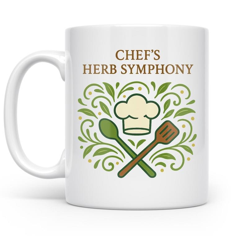 Tailorly White Ceramic 11 oz Mug - Chef's Herb Symphony Culinary Utensils Arranged With Elegant Green Leaves And Swirling Vines Chef Hat