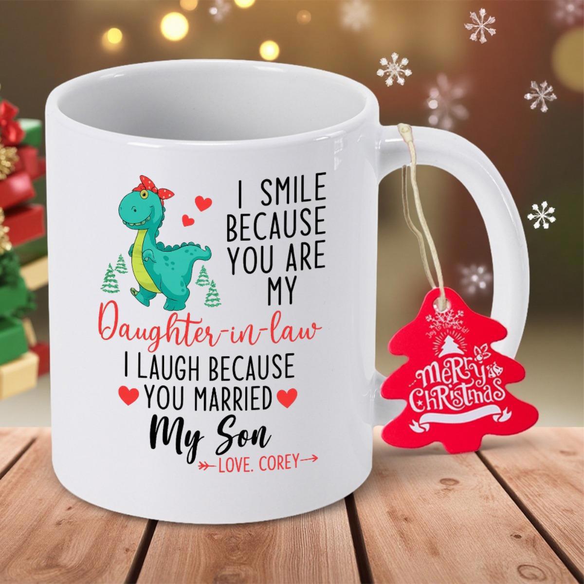 Tailorly White Ceramic 11 oz Mug - I Smile Because You Are My Daughter In Law I Laugh Because You Married My Son Love Corey Adorable Green Dinosaur Wearing Red Bow