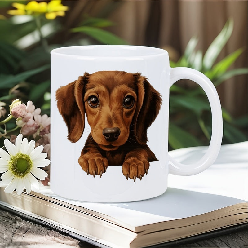 Tailorly White Ceramic 11 oz Mug - Adorable Brown Long Eared Puppy Peeking Over A White Surface Dachshund