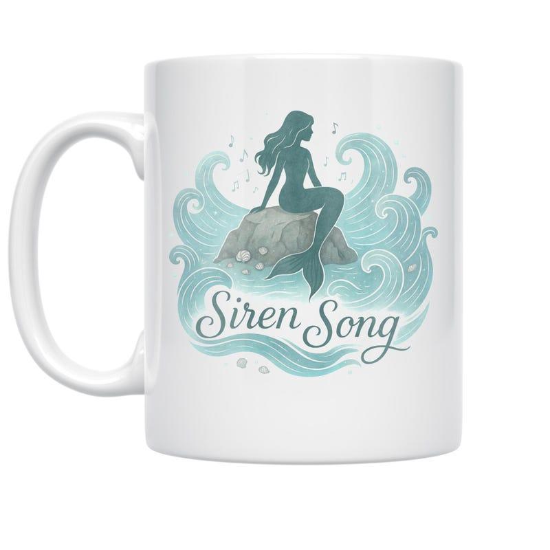Tailorly White Ceramic 11 oz Mug - Siren Song Graceful Mermaid Silhouette Sitting On Rock Amidst Swirling Ocean Waves Mermaid