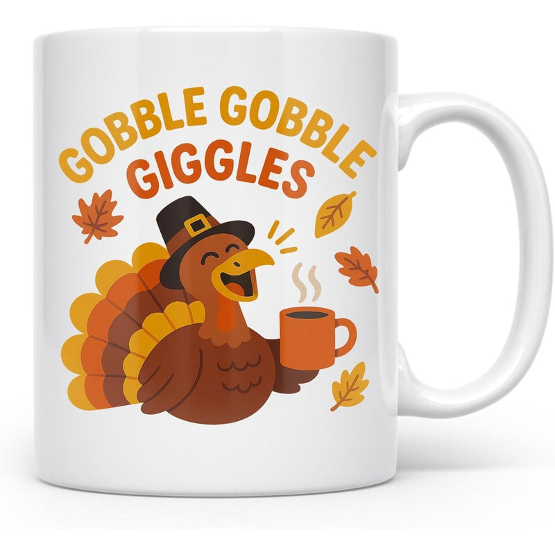 Tailorly White Ceramic 11 oz Mug - Gobble Gobble Giggles Happy Cartoon Thanksgiving Turkey Wearing Pilgrim Hat Holding Steaming Coffee Mug Turkey