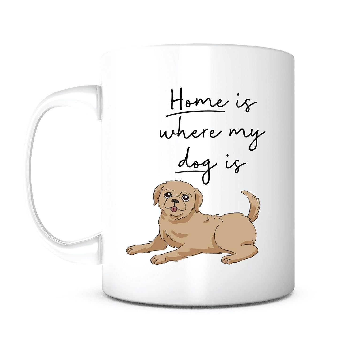 Tailorly White Ceramic 11 oz Mug - Home Is Where My Dog Is Cute Brown Cartoon Puppy Lying In A Relaxed Position Dog