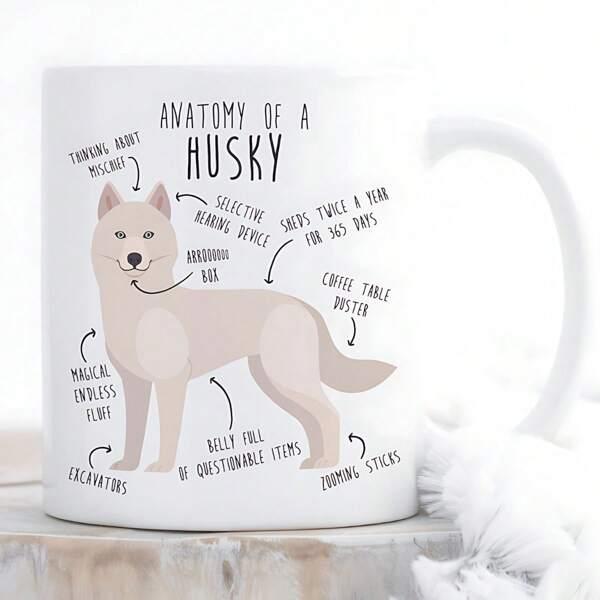 Tailorly White Ceramic 11 oz Mug - Anatomy Of A Husky Humorous Diagram Featuring A Minimalist White Canine With Playful Labels Husky