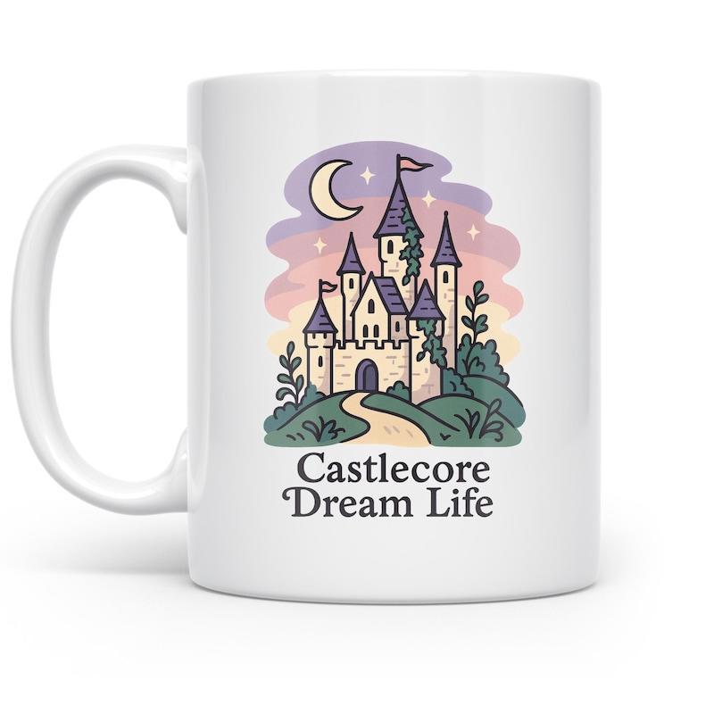 Tailorly White Ceramic 11 oz Mug - Castlecore Dream Life Whimsical Fairytale Fortress Standing On Green Hills Under Soft Twilight Crescent Moon Castle