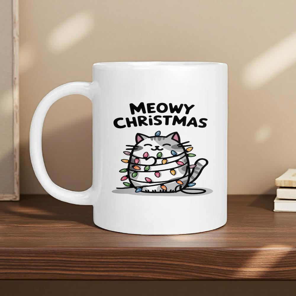 Tailorly White Ceramic 11 oz Mug - Meowy Christmas Charming Festive Kitten Wrapped Inside Bright Glowing Christmas String Decoration Cat