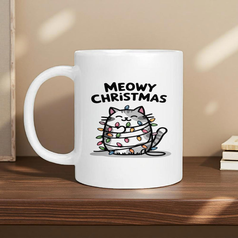 Tailorly White Ceramic 11 oz Mug - Meowy Christmas Charming Festive Kitten Wrapped Inside Bright Glowing Christmas String Decoration Cat