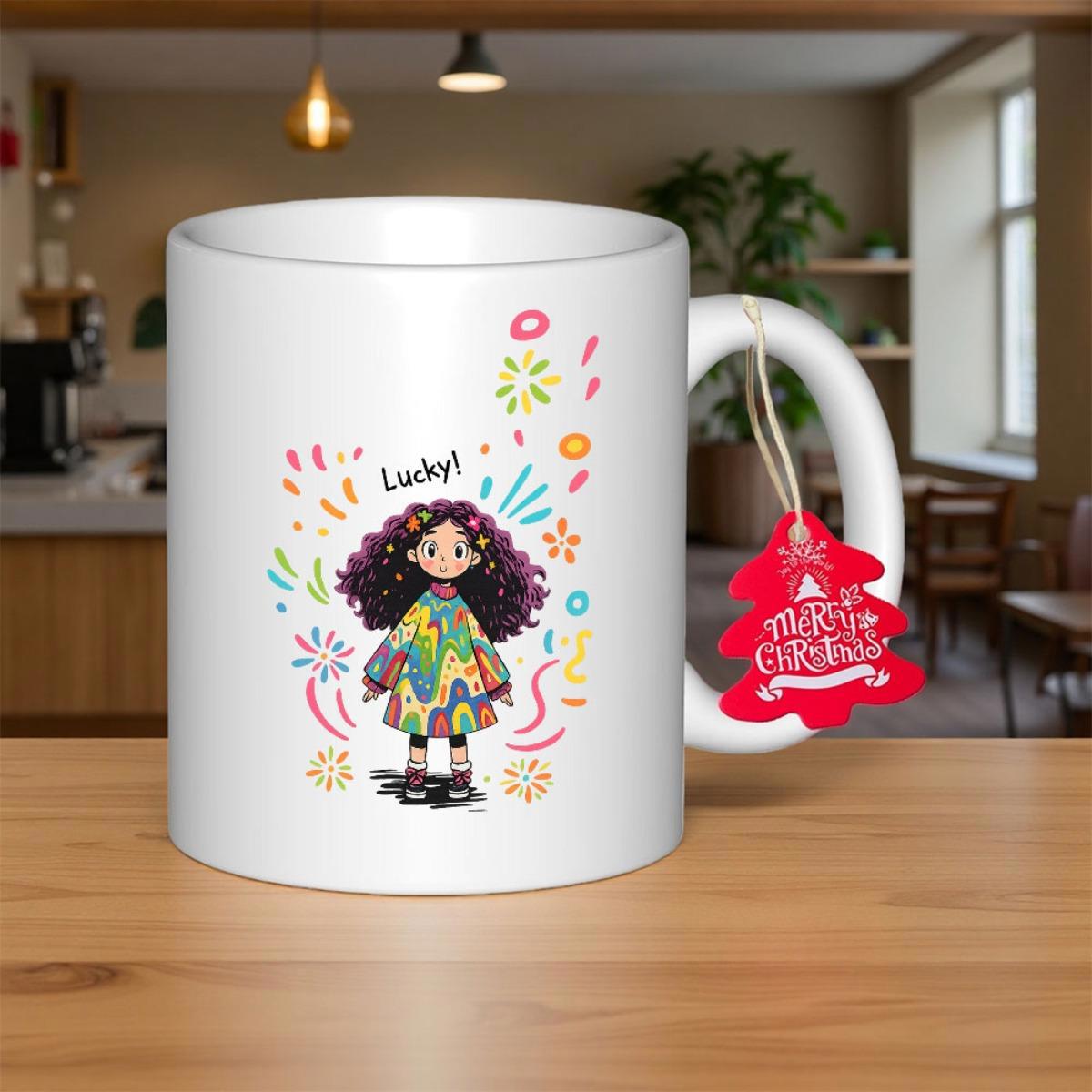 Tailorly White Ceramic 11 oz Mug - Lucky Charming Little Girl Surrounded By Vibrant Colorful Hand Drawn Doodles Girl