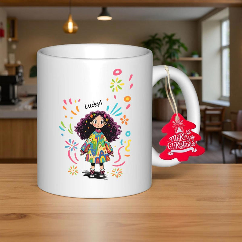 Tailorly White Ceramic 11 oz Mug - Lucky Charming Little Girl Surrounded By Vibrant Colorful Hand Drawn Doodles Girl