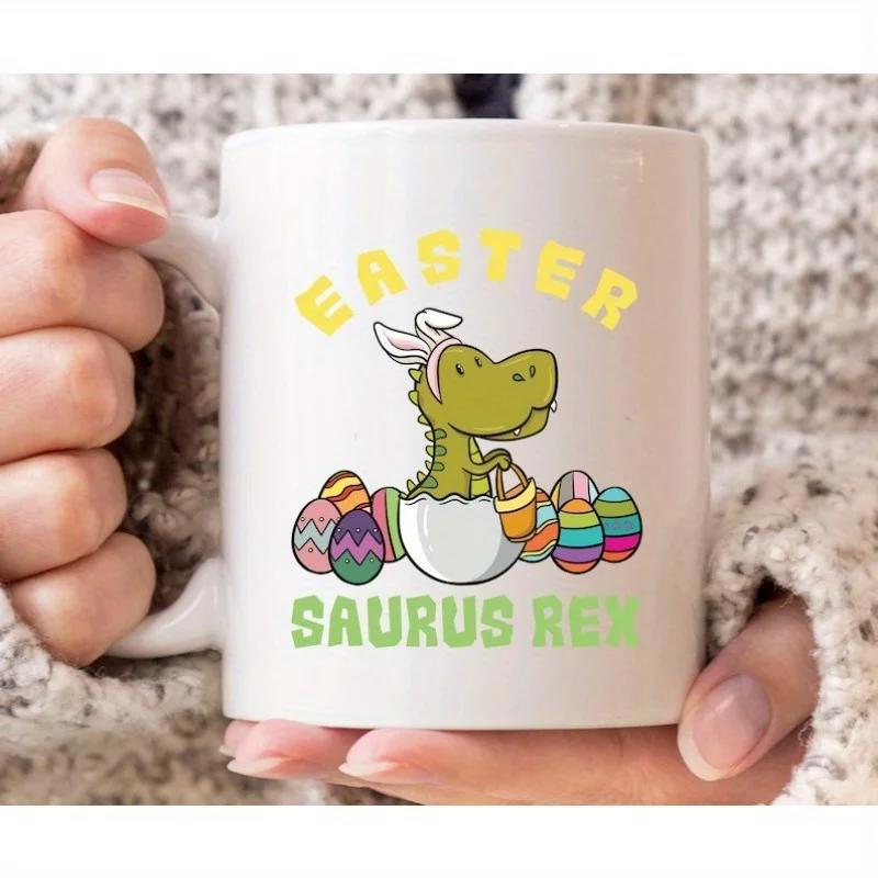 Tailorly White Ceramic 11 oz Mug - Easter Saurus Rex Cute Green Cartoon Creature Wearing Bunny Ears Among Colorful Eggs Dinosaur