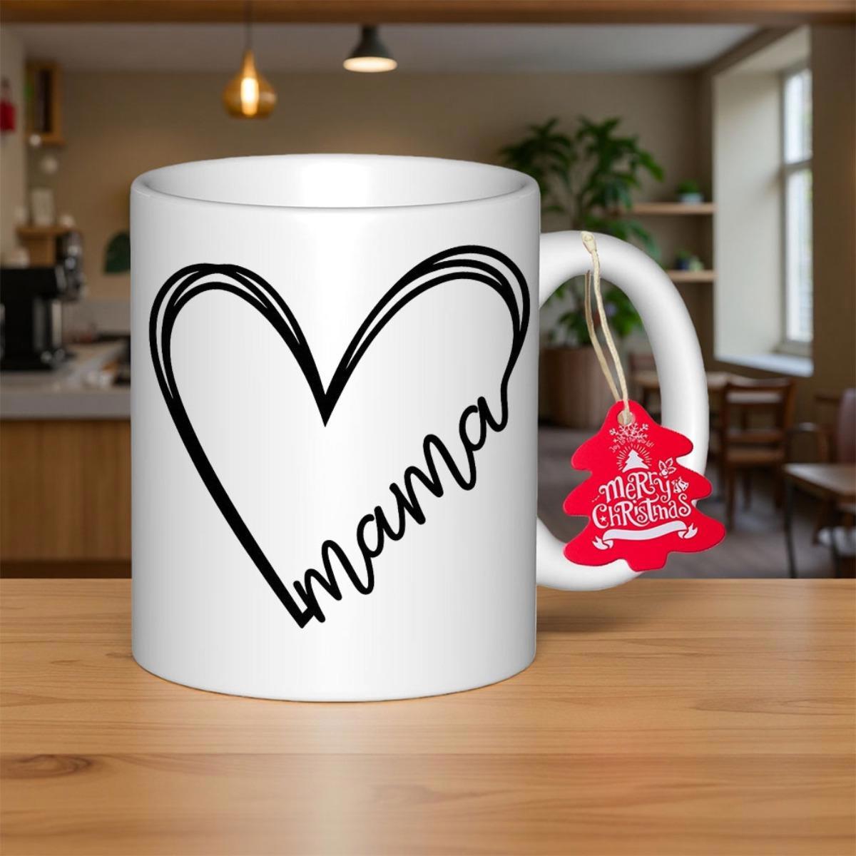 Tailorly White Ceramic 11 oz Mug - Mama Merry Christmas Minimalist Black Line Art Heart Drawing On Polished