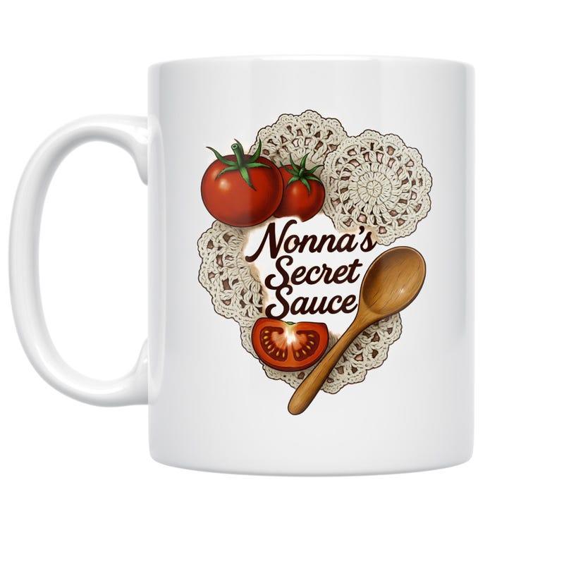 Tailorly White Ceramic 11 oz Mug - Nonnas Secret Sauce Fresh Vine Ripened Tomatoes And Wooden Spoon Resting Over Delicate Lace Doily Tomato