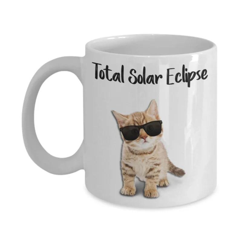 Tailorly White Ceramic 11 oz Mug - Total Solar Eclipse Adorable Ginger Tabby Kitten Wearing Black Sunglasses Sitting Gracefully Cat