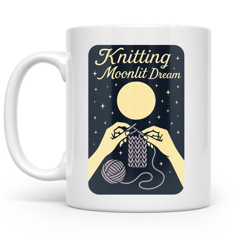 Tailorly White Ceramic 11 oz Mug - Knitting Moonlit Dream Hands Knitting With Ball Of Yarn Under Glowing Full Moon Night Sky Knitting