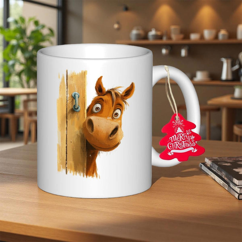 Tailorly White Ceramic 11 oz Mug - Merry Christmas Funny Brown Cartoon Animal Peeking Behind A Rustic Wooden Door Horse