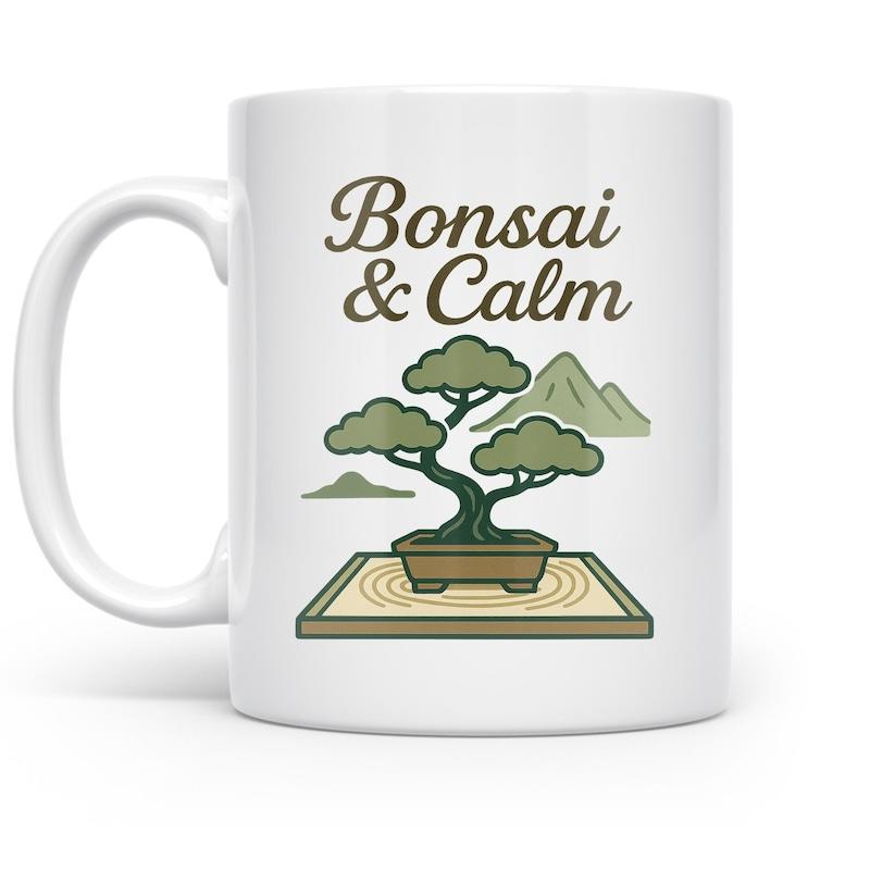 Tailorly White Ceramic 11 oz Mug - Bonsai Calm Serene Potted Miniature Tree Within A Zen Sand Garden Bonsai