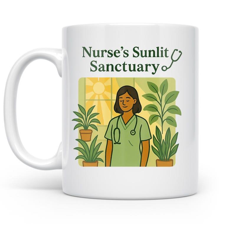 Tailorly White Ceramic 11 oz Mug - Nurses Sunlit Sanctuary Standing Amidst Lush Green Potted Plants In A Bright Sunlit Room Nurse