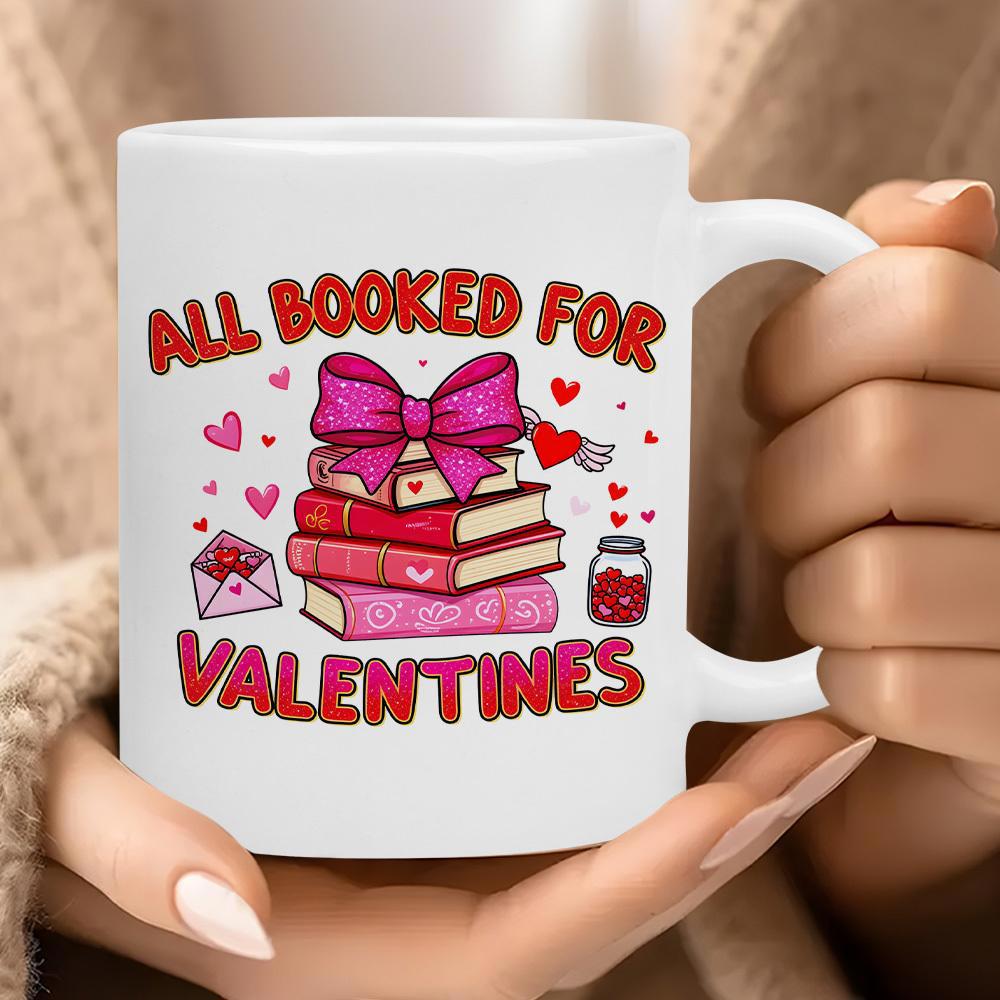 Tailorly White Ceramic 11 oz Mug - All Booked For Valentines Stack Of Colorful Romantic Books Topped With A Large Pink Bow Books