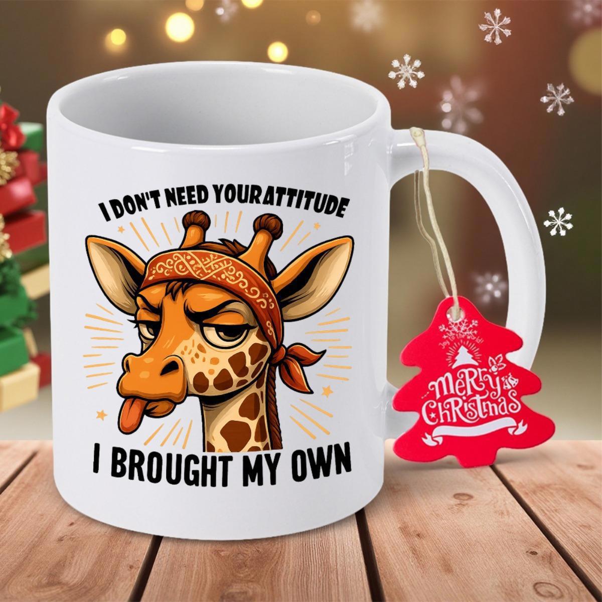 Tailorly White Ceramic 11 oz Mug - I Don't Need Your Attitude I Brought My Own Sassy Giraffe Wearing Patterned Bandana Sticking Out Tongue With Grumpy Expression
