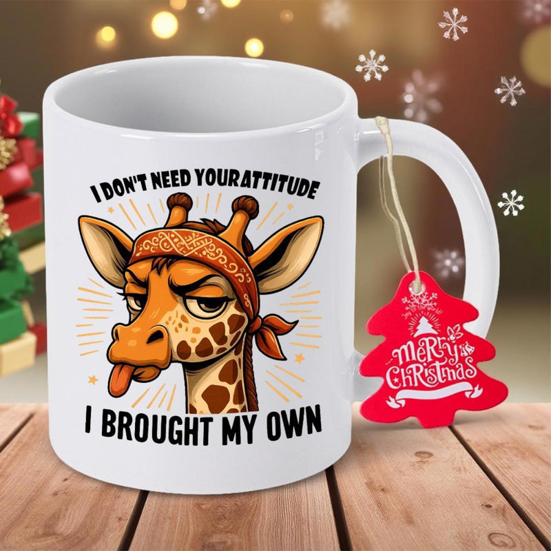Tailorly White Ceramic 11 oz Mug - I Don't Need Your Attitude I Brought My Own Sassy Giraffe Wearing Patterned Bandana Sticking Out Tongue With Grumpy Expression