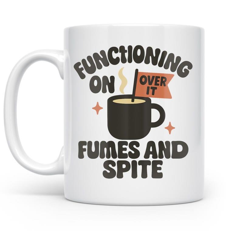 Tailorly White Ceramic 11 oz Mug - Functioning On Fumes And Spite Over It Steaming Black Cup With Small Orange Flag And Floating Stars Mug