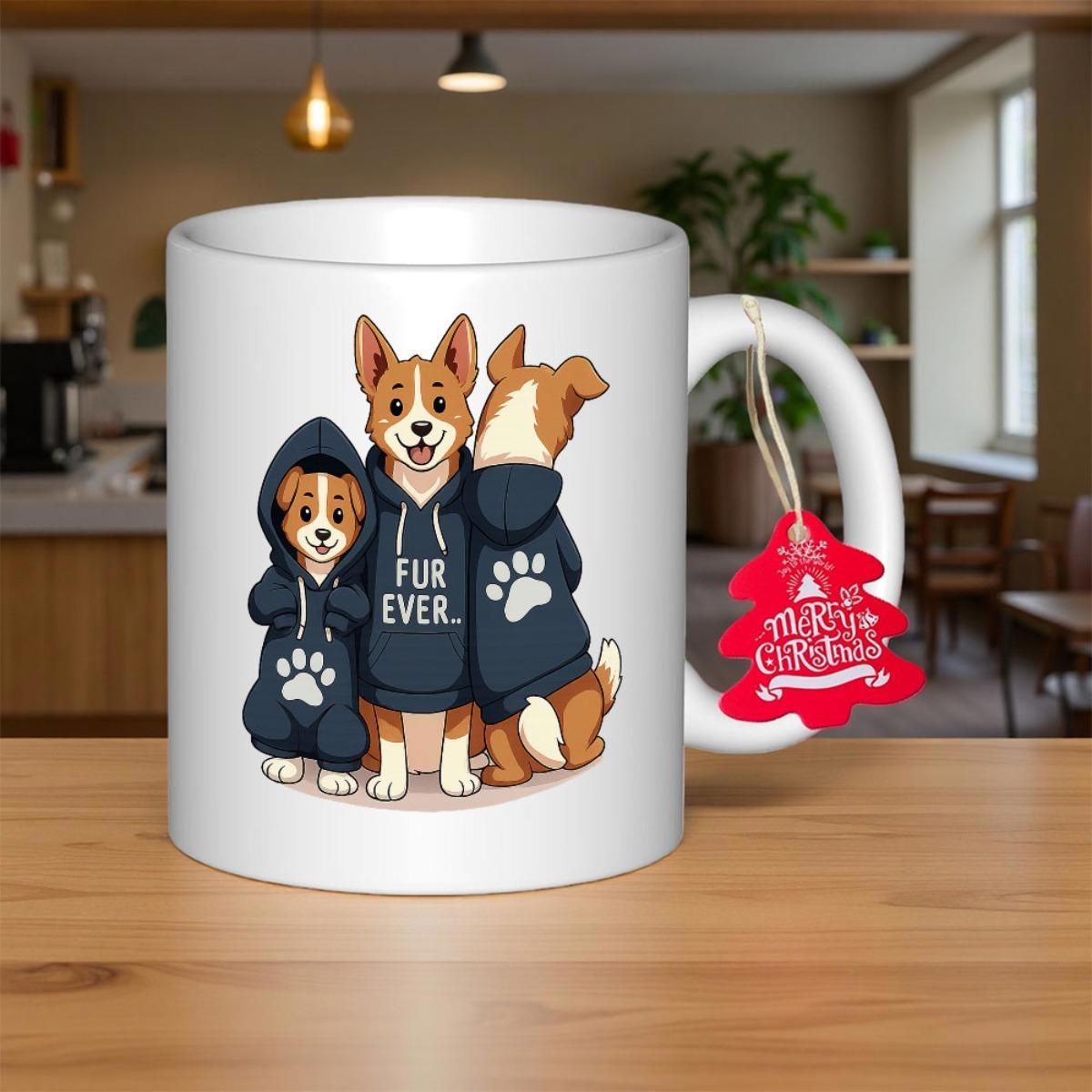 Tailorly White Ceramic 11 oz Mug - Fur Ever Three Adorable Corgi Puppies Wearing Matching Navy Blue Hoodies Standing Together Dog