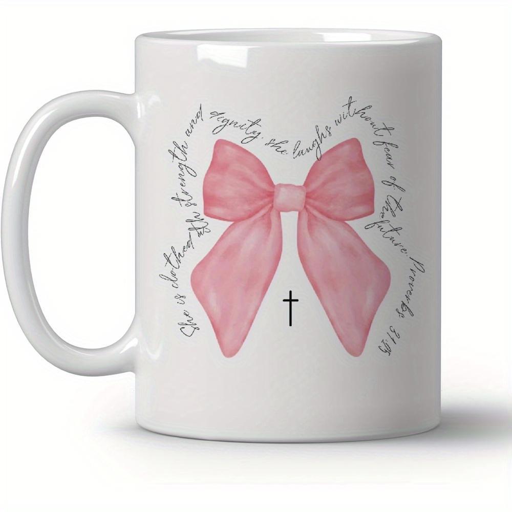 Tailorly White Ceramic 11 oz Mug - She Is Clothed With Strength And Dignity And Laughs Without Fear Of The Future Proverbs 31 25 Soft Pink Watercolor Ribbon