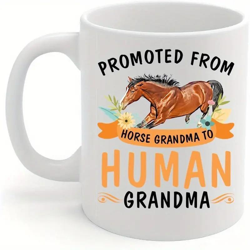 Tailorly White Ceramic 11 oz Mug - Promoted From Horse Grandma To Human Grandma Majestic Brown Horse Running Gracefully Amidst Vibrant Floral Petals And Leaves