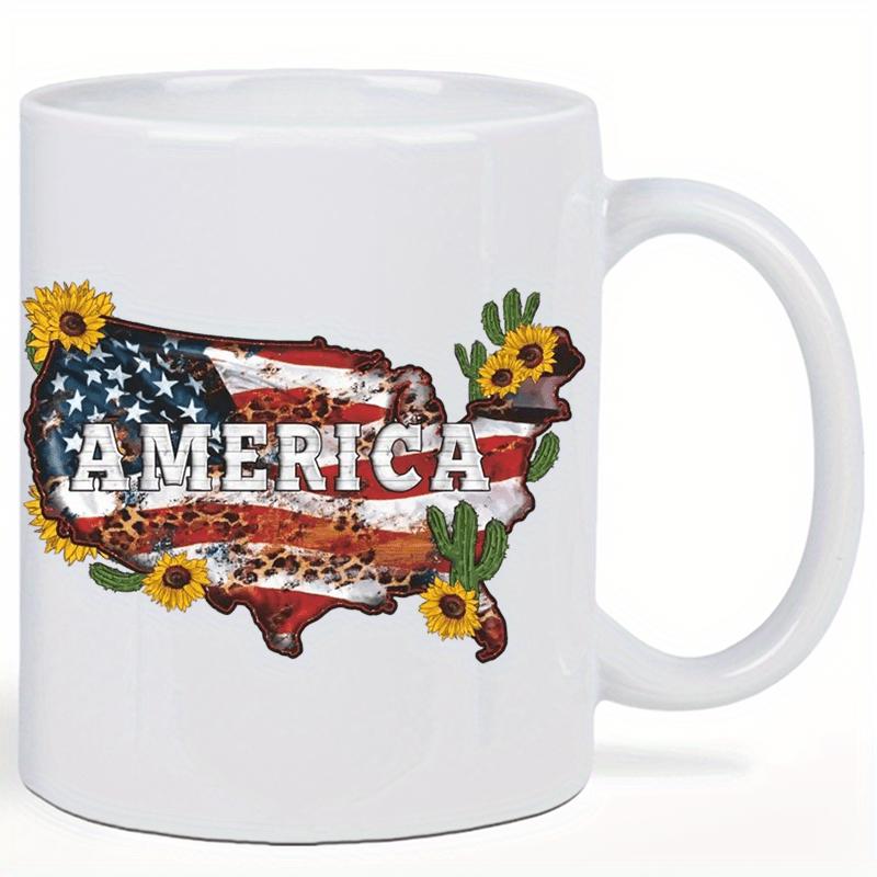 Tailorly White Ceramic 11 oz Mug - America Vintage Distressed Stars And Stripes With Sunflowers Accents Map