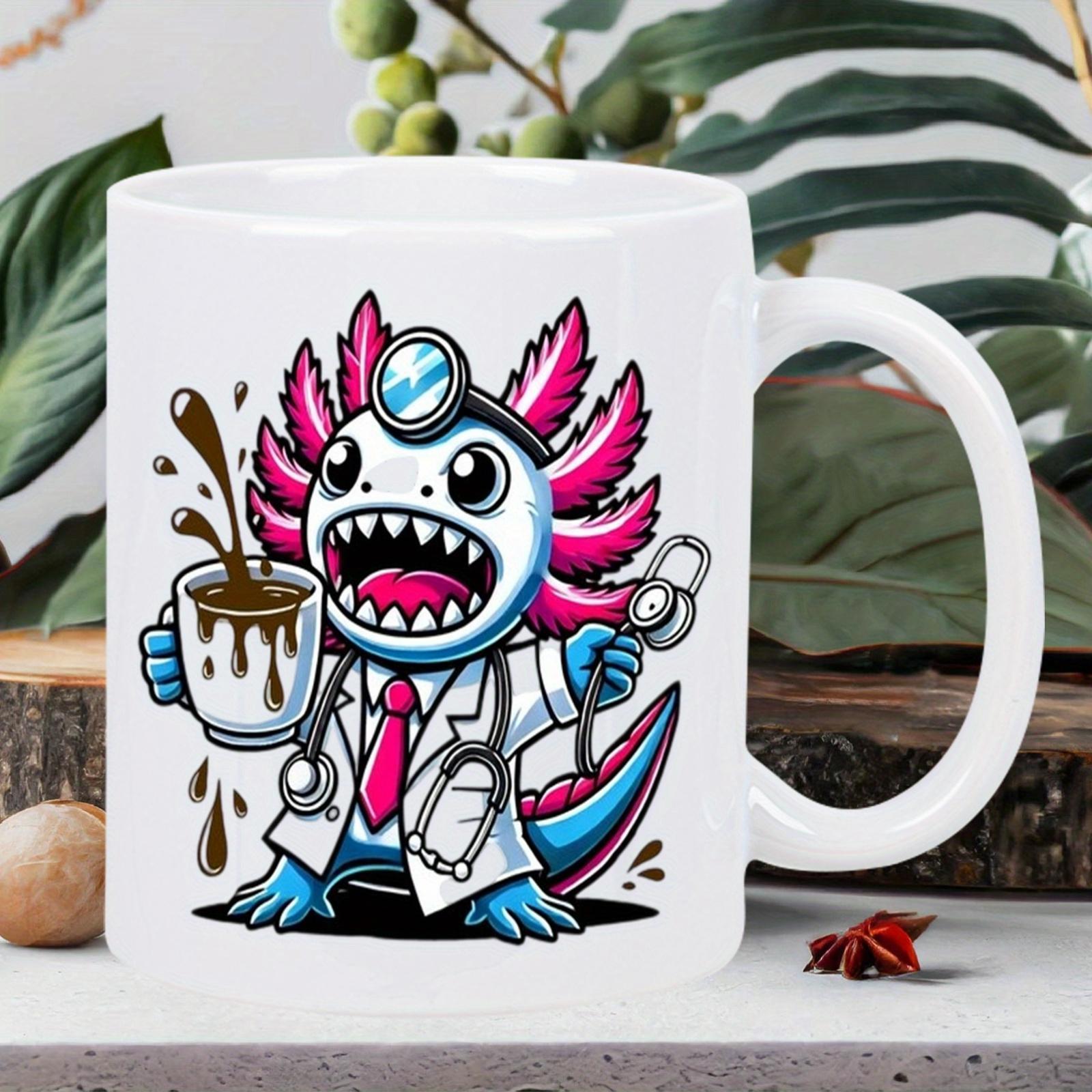 Tailorly White Ceramic 11 oz Mug - Cute Cartoon Doctor Wearing Lab Coat Holding Cup Of Splashing Coffee Axolotl