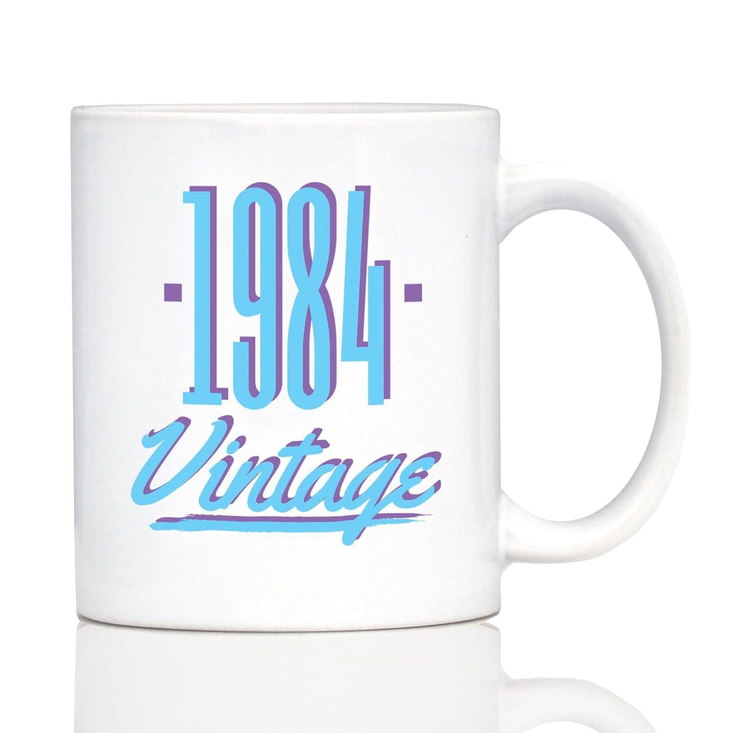 Tailorly White Ceramic 11 oz Mug - 1984 Vintage Retro Blue And Purple Three Dimensional Tall Block Numbers With Cursive Script Sign