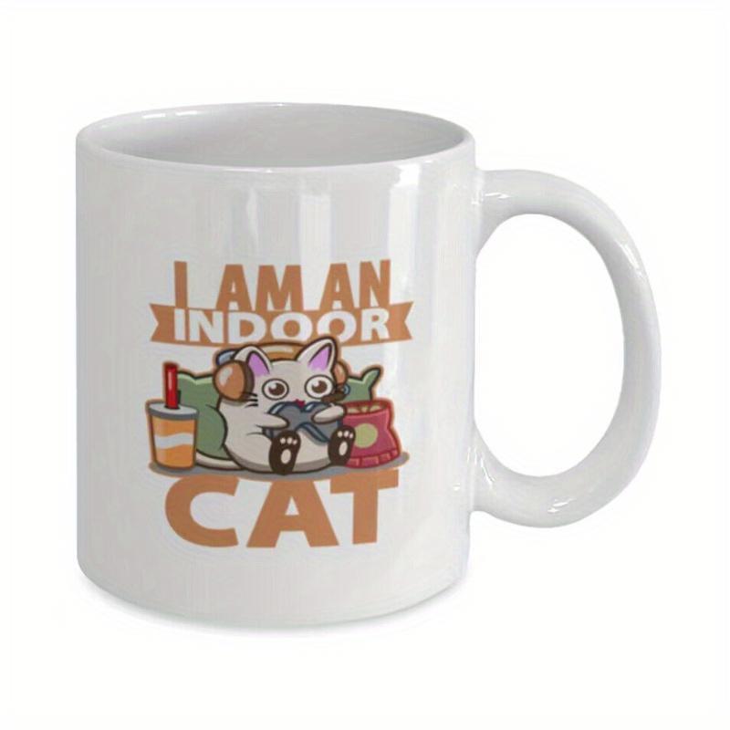 Tailorly White Ceramic 11 oz Mug - I Am An Indoor Cat Cartoon Gamer Kitty Wearing Large Headphones Holding Gray Video Game Controller Cat