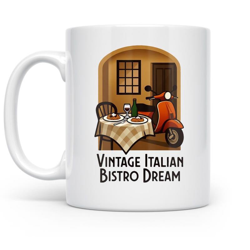 Tailorly White Ceramic 11 oz Mug - Vintage Italian Bistro Dream Rustic Red Scooter Parked Beside A Cozy Bistro Dinner Table Scooter