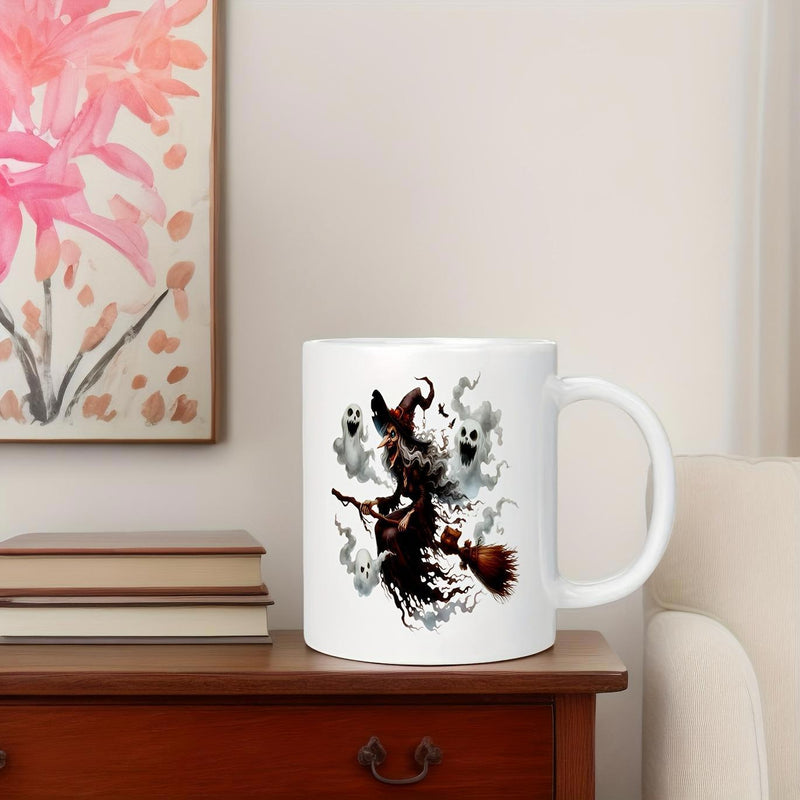 Tailorly White Ceramic 11 oz Mug - Flying Spooky Halloween Ghosts Surrounding A Wicked Broomstick Riding Witch
