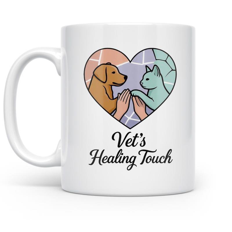 Tailorly White Ceramic 11 oz Mug - Vets Healing Touch Heart Shaped Frame With Stained Glass Pattern Featuring Caring Hands And Animals Heart