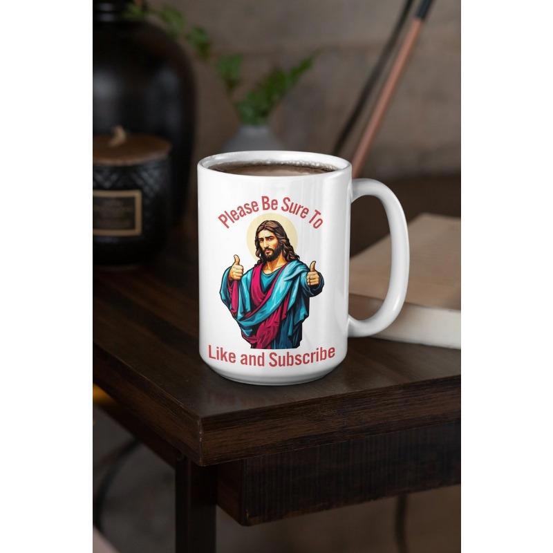 Tailorly White Ceramic 11 oz Mug - Please Be Sure To Like And Subscribe Traditional Robes Holy Figure Giving Double Thumbs Up Sign Jesus
