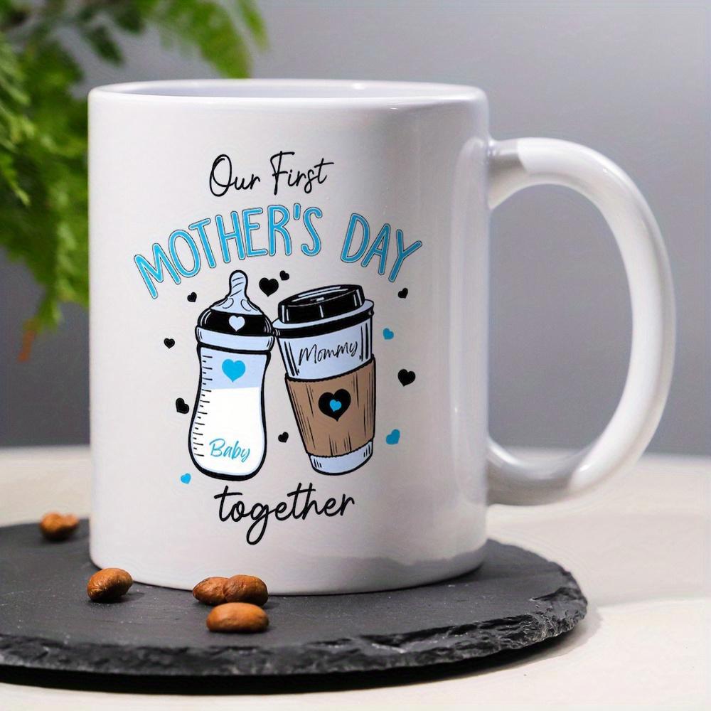 Tailorly White Ceramic 11 oz Mug - Our First Mother's Day Together Baby Mama Cartoon Baby Bottle And Coffee Cup Featuring Small Blue Hearts Cup