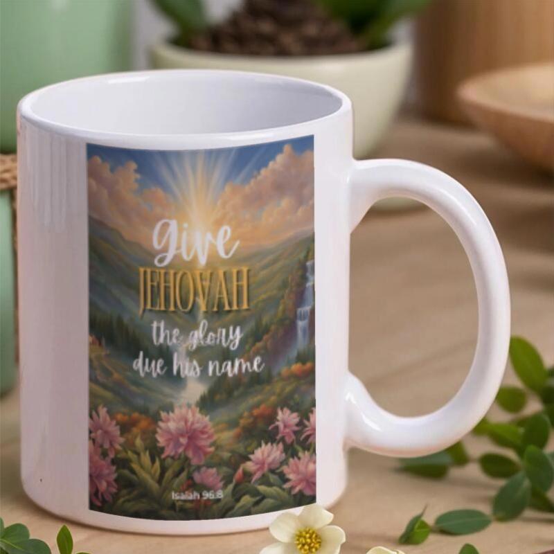 Tailorly White Ceramic 11 oz Mug - Give Jehovah The Glory Due His Name Scenic Landscape With Radiant Sunlight Over A Lush Valley Among Blooming Flowers Mountain