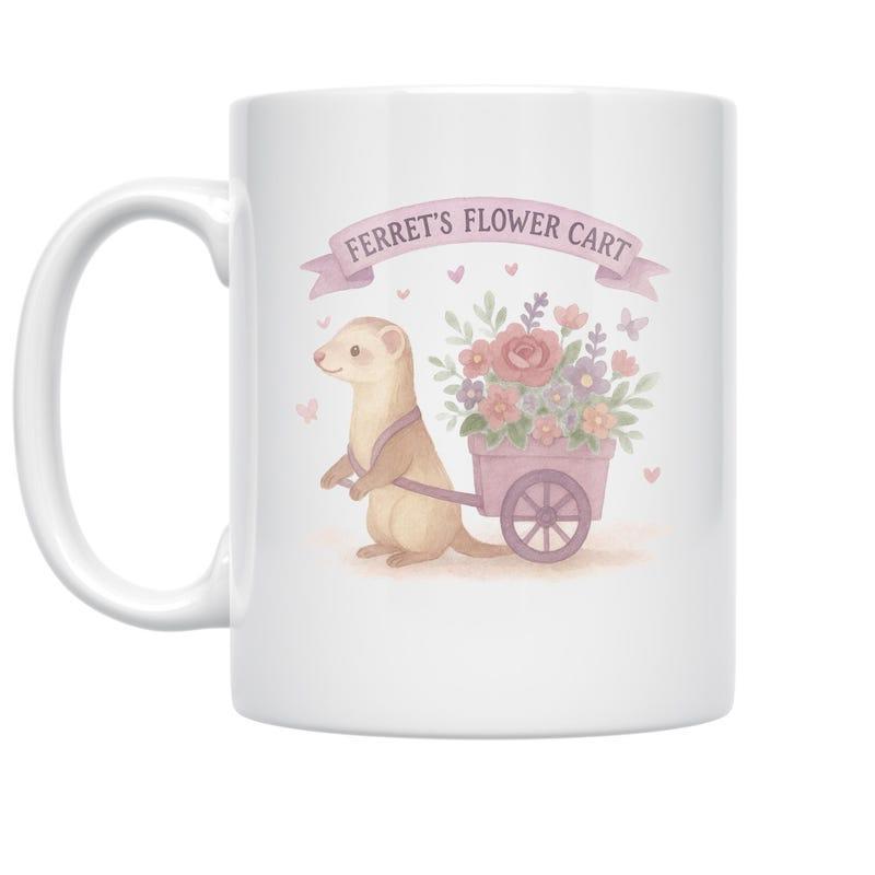 Tailorly White Ceramic 11 oz Mug - Ferrets Flower Cart Adorable Furry Animal Pushing A Pink Wagon Filled With Blooming Flowers Ferret
