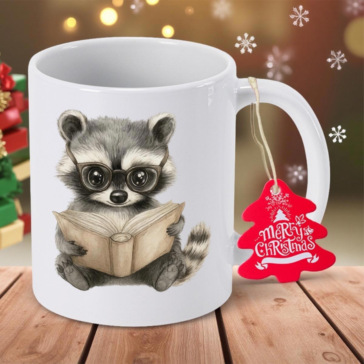 Tailorly White Ceramic 11 oz Mug - Merry Christmas Adorable Forest Raccoon Wearing Glasses Focused On Reading A Large Open Book Raccoon
