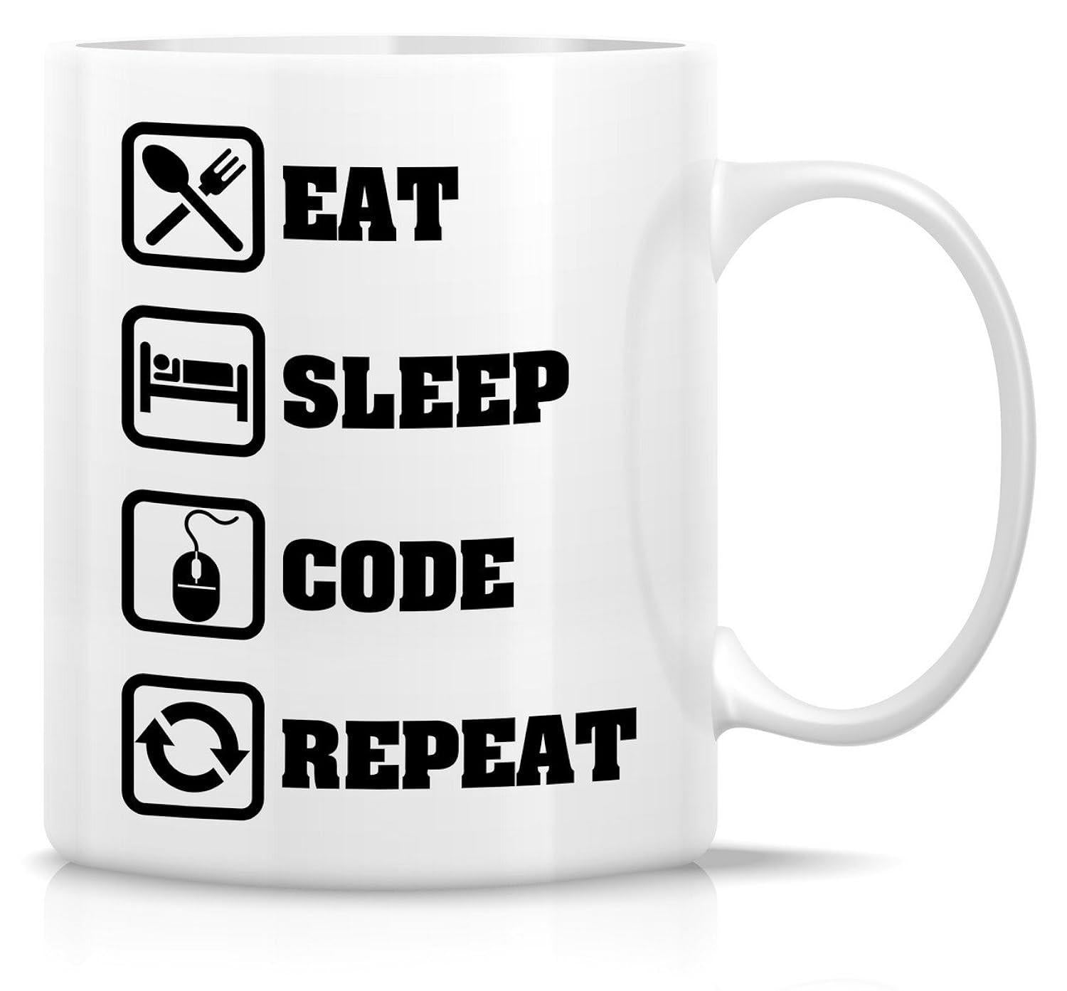 Tailorly White Ceramic 11 oz Mug - Eat Sleep Code Repeat Minimalist Vertical Icons Representing Daily Programmer Lifestyle Routine Design