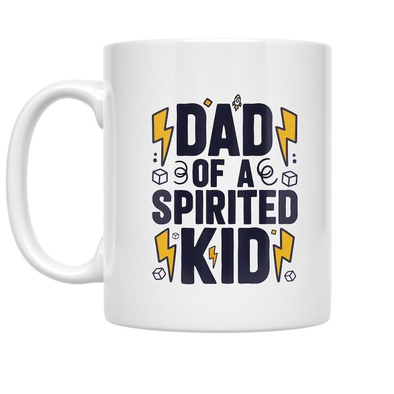 Tailorly White Ceramic 11 oz Mug - Dad Of A Spirited Kid Energetic Yellow Lightning Bolts With Small Geometric Shapes And Abstract Swirls Mug