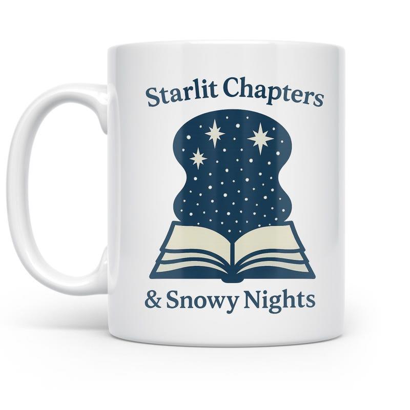 Tailorly White Ceramic 11 oz Mug - Starlit Chapters Snowy Nights Magical Galaxy Scene Rising From An Elegant Open Book