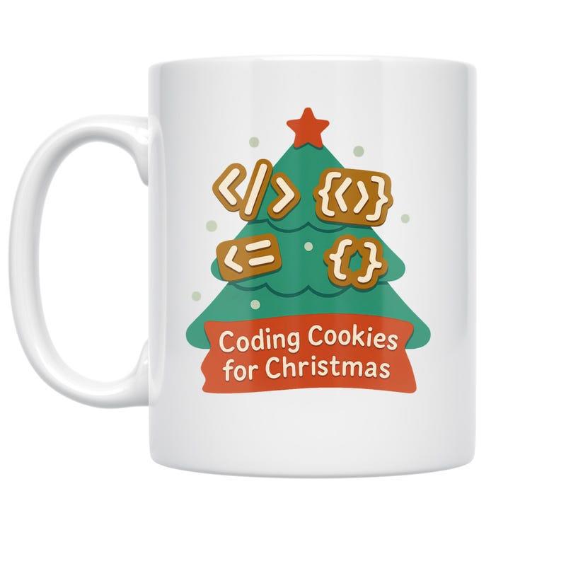 Tailorly White Ceramic 11 oz Mug - Coding Cookies For Christmas Festive Green Pine Decorated With Star And Coding Symbol Gingerbread Cookies Christmas Tree