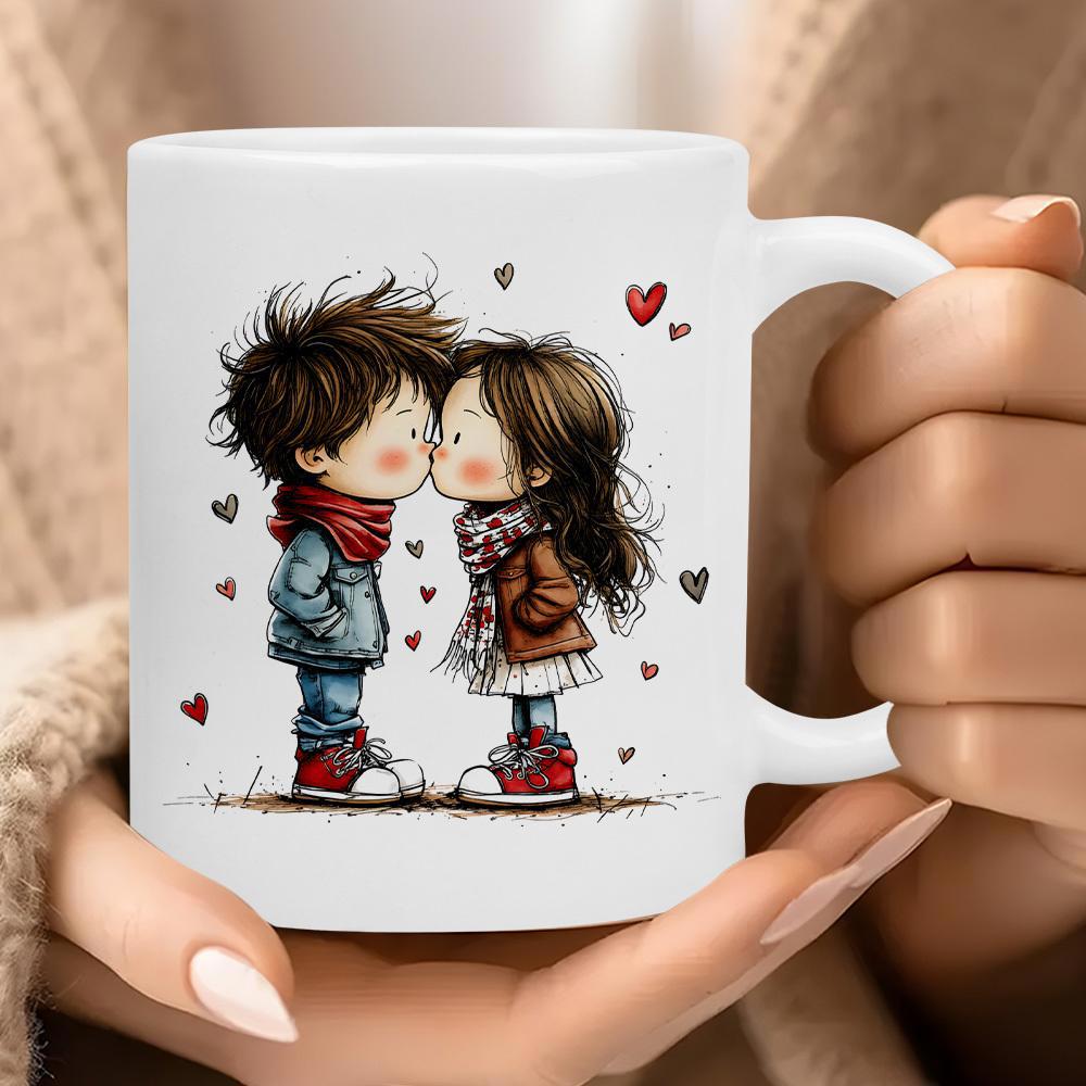 Tailorly White Ceramic 11 oz Mug - Hand Drawn Style Romantic Sweethearts Surrounded By Floating Red Couple