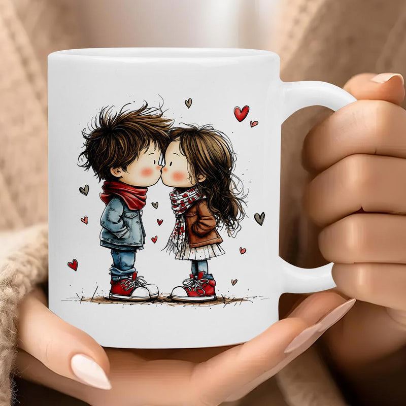 Tailorly White Ceramic 11 oz Mug - Hand Drawn Style Romantic Sweethearts Surrounded By Floating Red Couple