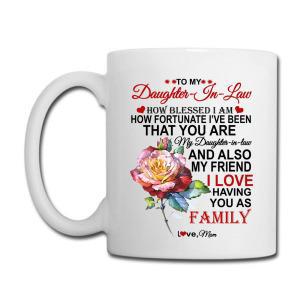 Tailorly White Ceramic 11 oz Mug - To My Daughter In Law Elegant Blooming Pink Watercolor Style With Green Leaves Decorative Hearts Rose