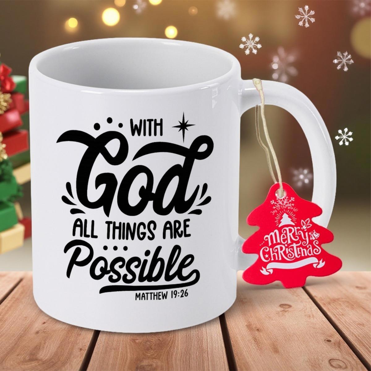 Tailorly White Ceramic 11 oz Mug - With God All Things Are Possible Matthew 19 26 Merry Christmas Elegant Script Lettering With Twinkling Stars And Decorative