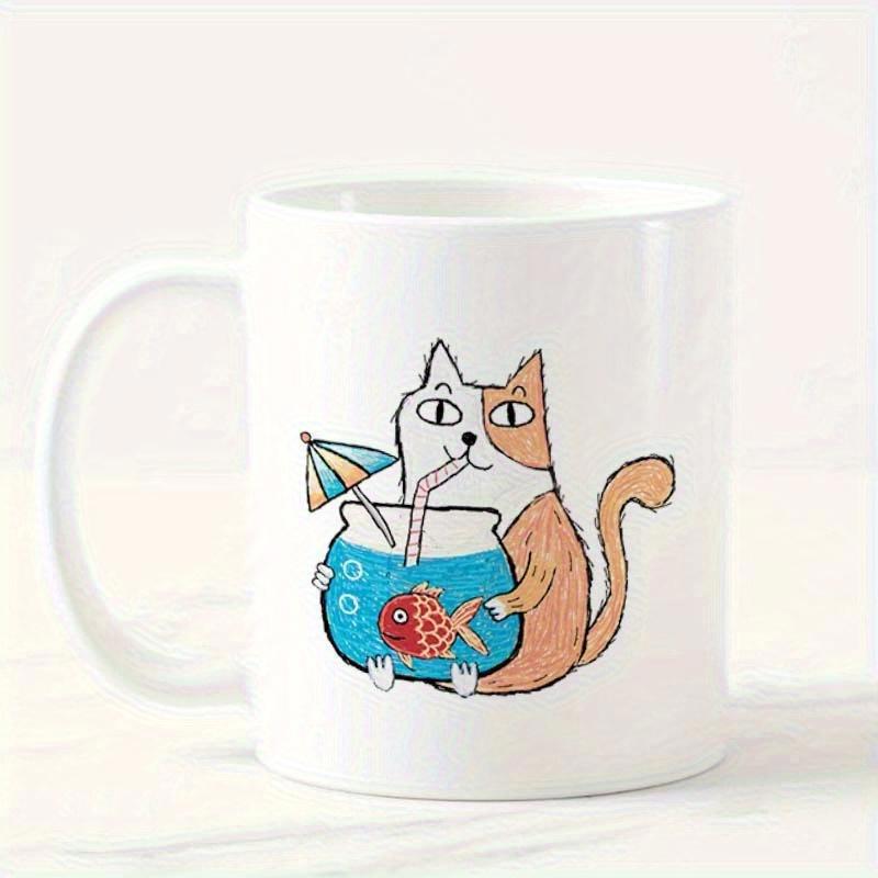 Tailorly White Ceramic 11 oz Mug - Whimsical Hand Drawn Orange Feline Drinking From Small Round Fishbowl Cat
