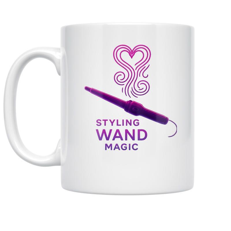 Tailorly White Ceramic 11 oz Mug - Styling Wand Magic Purple Hair Tool With Abstract Heart Pattern Among Stylized Waves Wand